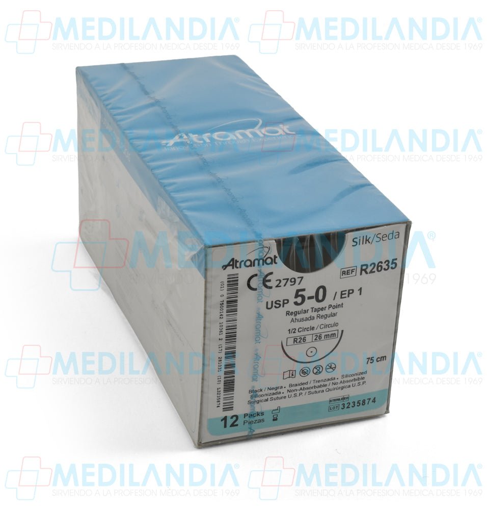Sutura Seda negra trenzada siliconizada 5 - 0 / EP 1 caja con 12 sobres - Sutura - ATRAMAT - MEDILANDIA | Tienda de productos y equipos médicos de calidad en México | Soluciones profesionales para clínicas, hospitales y consultorios.